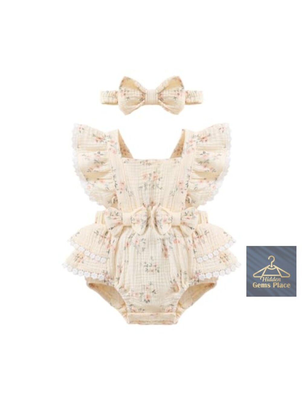 Baby Girl 100% Cotton Romper Dress with Skirt Hem and Bow Headband